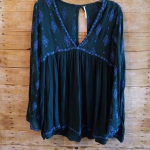 Free People Green Embroidered Bell Sleeve Tunic
